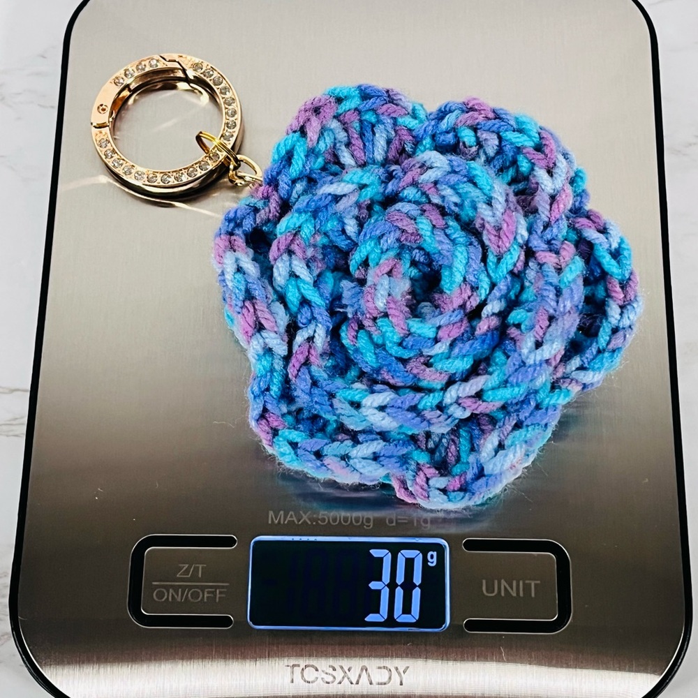 Purple Ombre Crochet Flower Bag Charm Keychain W/Rhinestone Bling Clip Ring - Picture 5 of 5